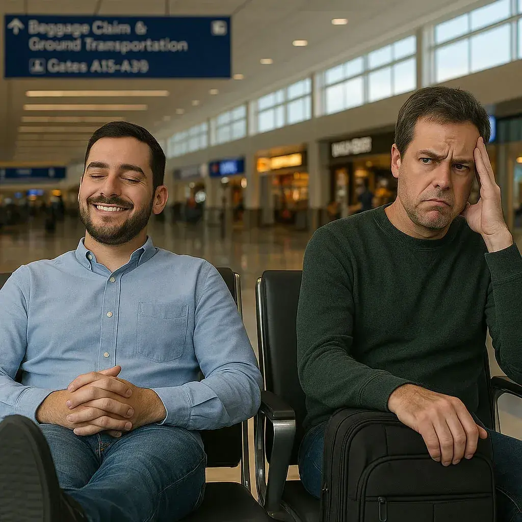 Two passengers at DFW Airport terminal, one relaxed and smiling, the other frustrated and upset.