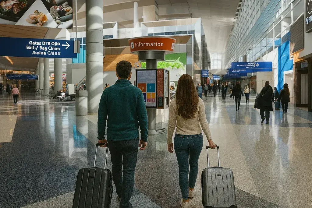 Rear view of a middle-aged man and a young woman walking through Dallas DFW airport terminal with carry-on luggage, heading toward digital signage and departure gates