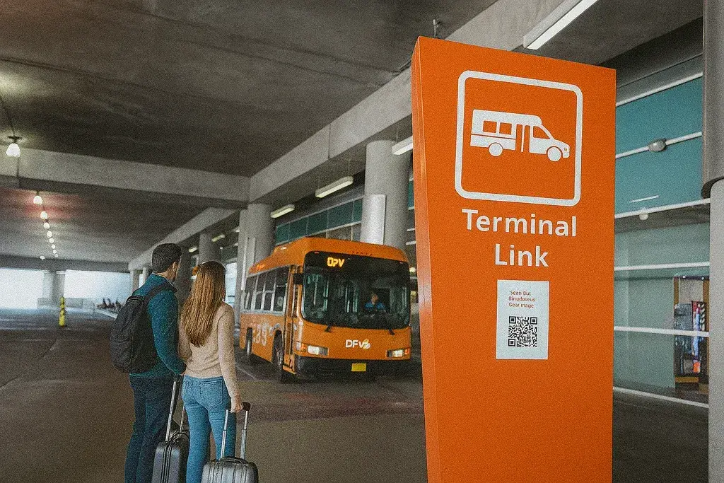 A couple with suitcases waiting at the Terminal Link stop at Dallas Fort Worth Airport, standing beside a large orange sign as the airport shuttle approaches