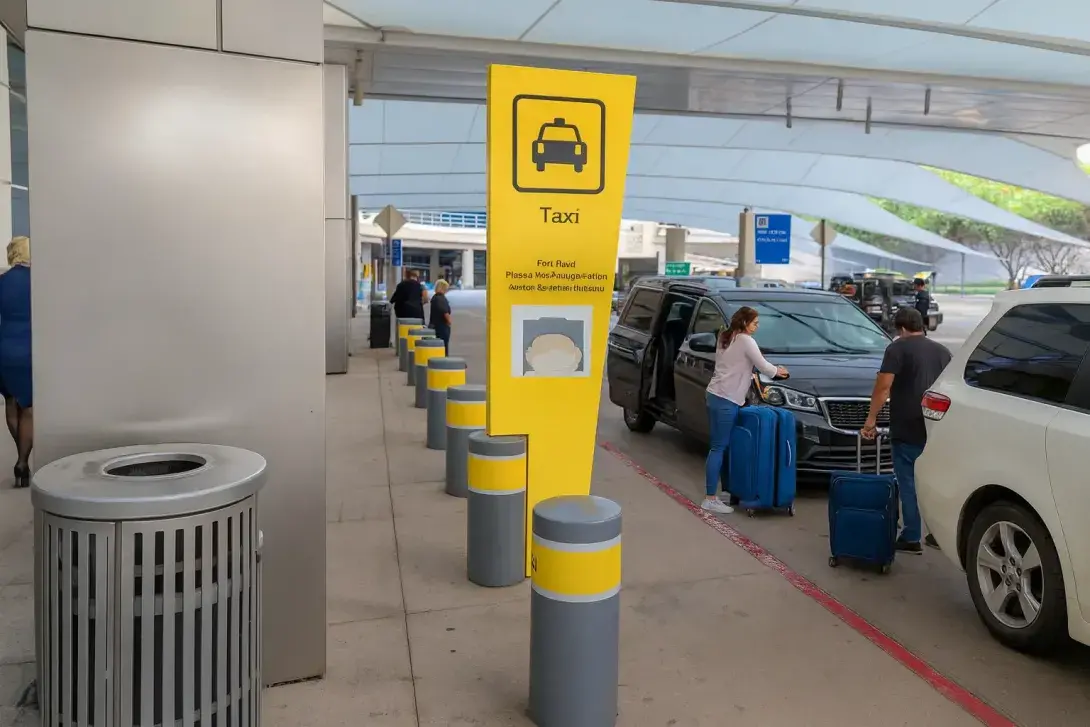 Taxi pickup zone at Dallas-Fort Worth International Airport with a couple loading blue suitcases into a minivan under a large canopy.